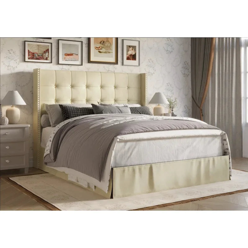 Letto a piattaforma imbottito in velluto beige/blu/grigio argento/nero, 1 persona, da una piazza a king size