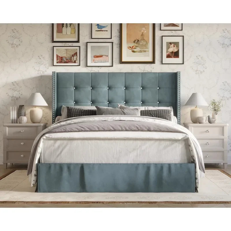Letto a piattaforma imbottito in velluto beige/blu/grigio argento/nero, 1 persona, da una piazza a king size