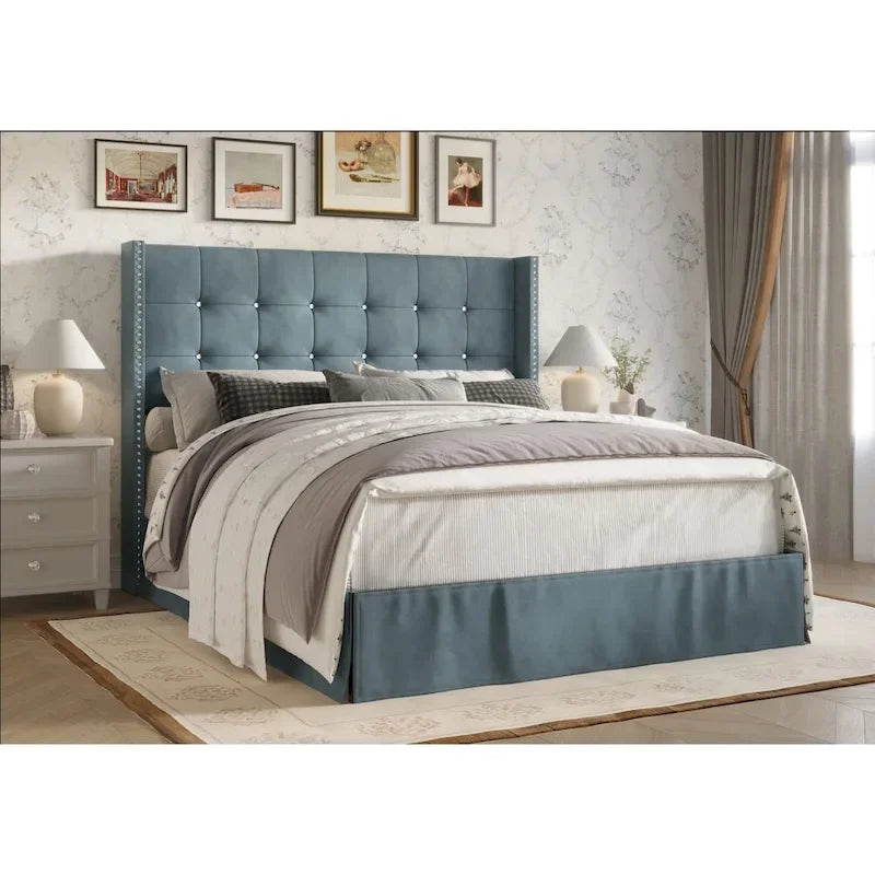 Letto a piattaforma imbottito in velluto beige/blu/grigio argento/nero, 1 persona, da una piazza a king size