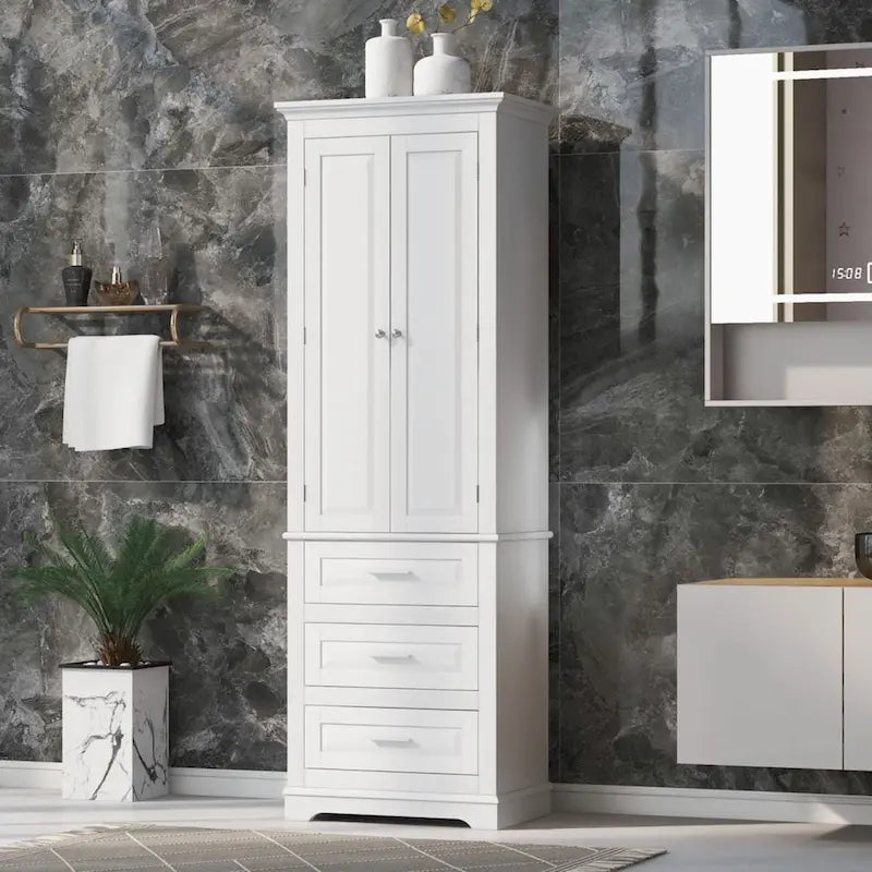 Mobile Contenitore da Bagno Bianco Indipendente con 3 Cassetti e Ripiani Aperti