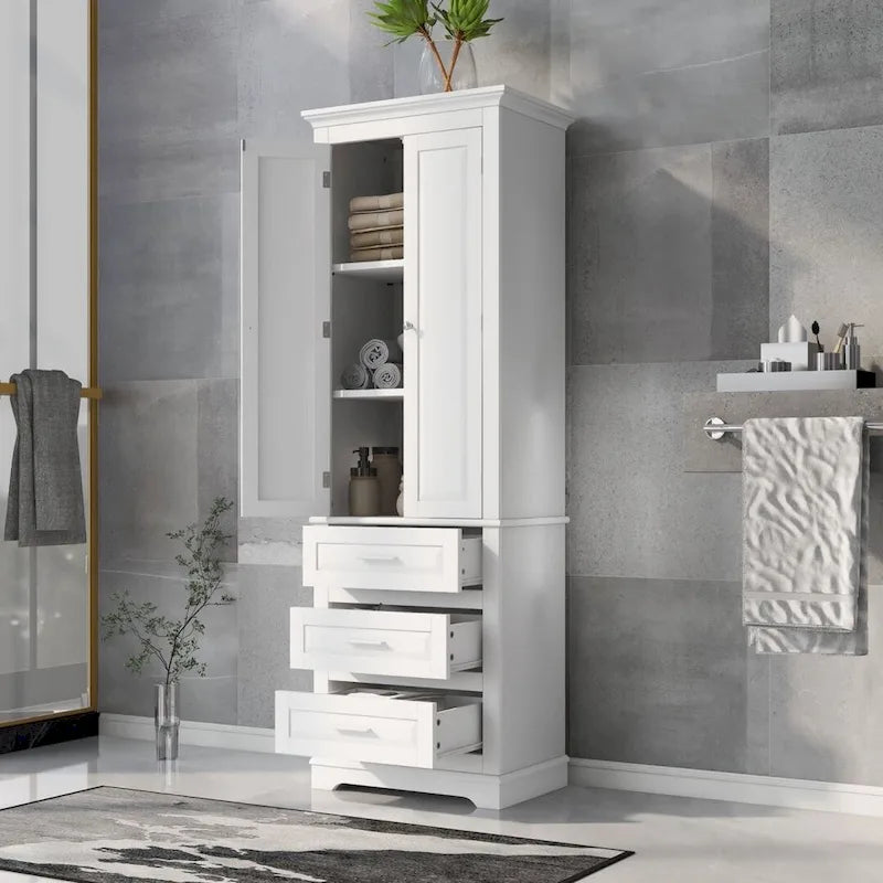 Mobile Contenitore da Bagno Bianco Indipendente con 3 Cassetti e Ripiani Aperti