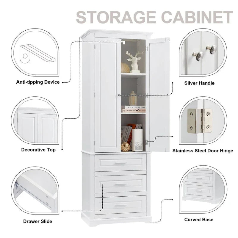 Mobile Contenitore da Bagno Bianco Indipendente con 3 Cassetti e Ripiani Aperti