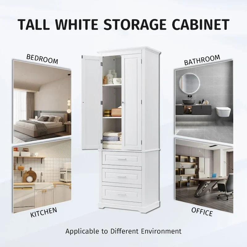 Mobile Contenitore da Bagno Bianco Indipendente con 3 Cassetti e Ripiani Aperti