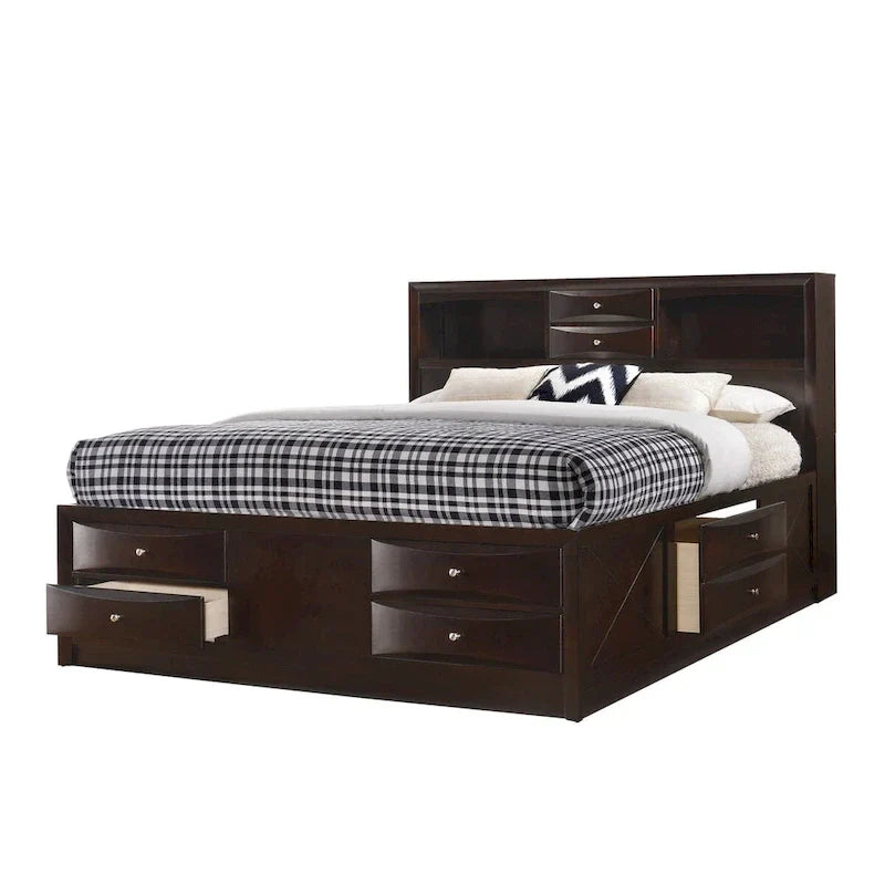 Testiera a libreria con base a piattaforma con contenitore Dark Cherry – King/Queen