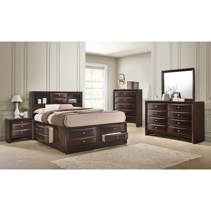 Testiera a libreria con base a piattaforma con contenitore Dark Cherry – King/Queen