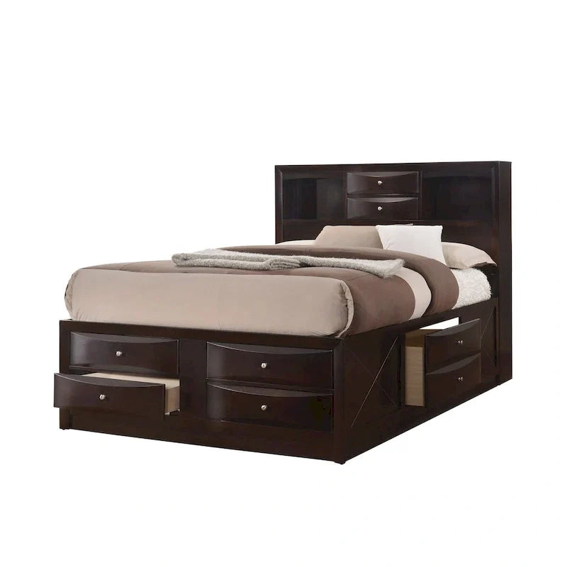 Testiera a libreria con base a piattaforma con contenitore Dark Cherry – King/Queen