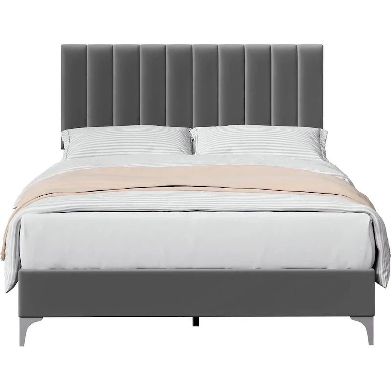 Struttura Letto a Righe in Velluto Grigio con Testiera Regolabile – Matrimoniale/Queen