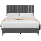 Struttura Letto a Righe in Velluto Grigio con Testiera Regolabile – Matrimoniale/Queen
