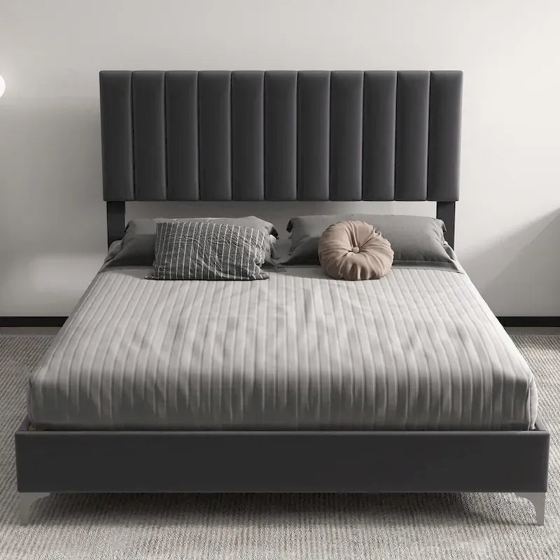 Struttura Letto a Righe in Velluto Grigio con Testiera Regolabile – Matrimoniale/Queen