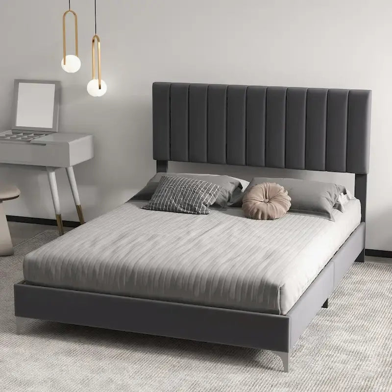 Struttura Letto a Righe in Velluto Grigio con Testiera Regolabile – Matrimoniale/Queen