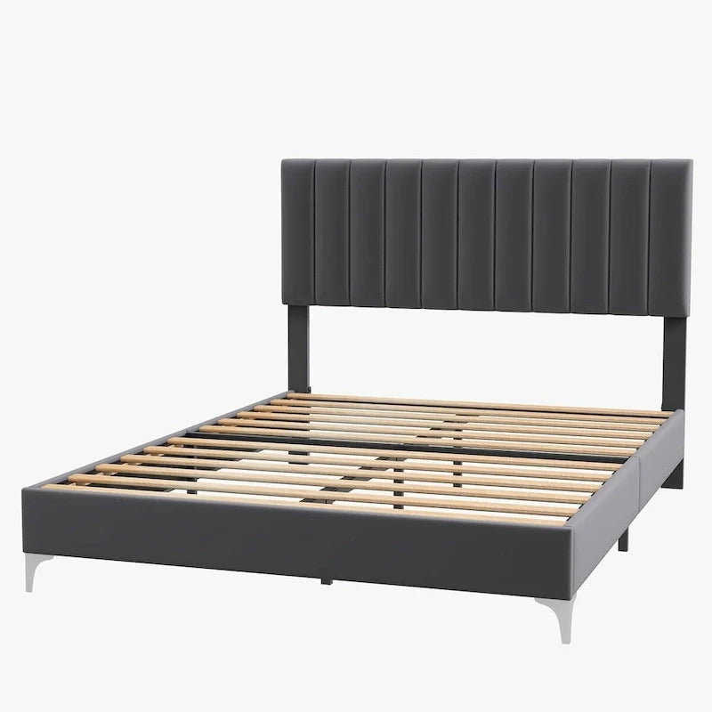 Struttura Letto a Righe in Velluto Grigio con Testiera Regolabile – Matrimoniale/Queen