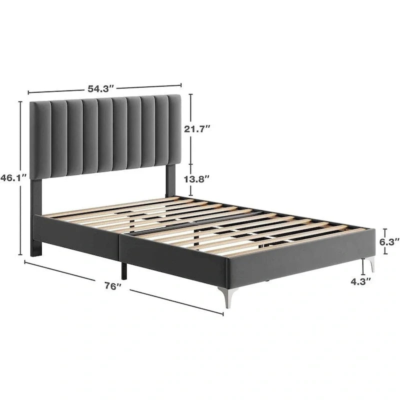 Struttura Letto a Righe in Velluto Grigio con Testiera Regolabile – Matrimoniale/Queen
