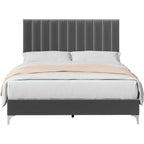 Struttura Letto a Righe in Velluto Grigio con Testiera Regolabile – Matrimoniale/Queen