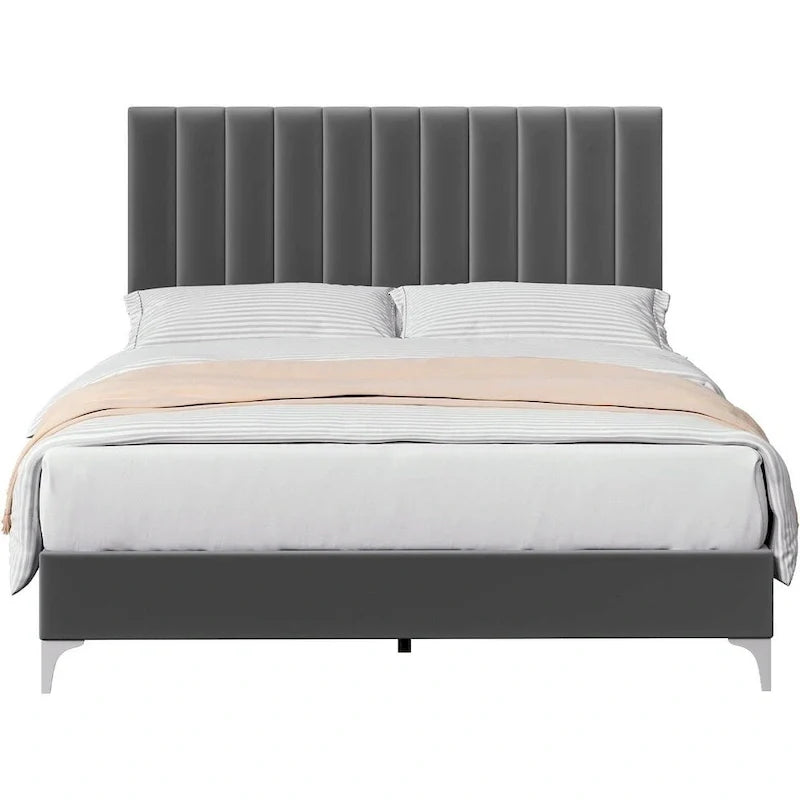 Struttura Letto a Righe in Velluto Grigio con Testiera Regolabile – Matrimoniale/Queen