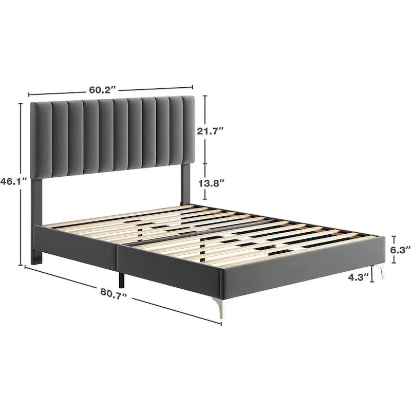 Struttura Letto a Righe in Velluto Grigio con Testiera Regolabile – Matrimoniale/Queen