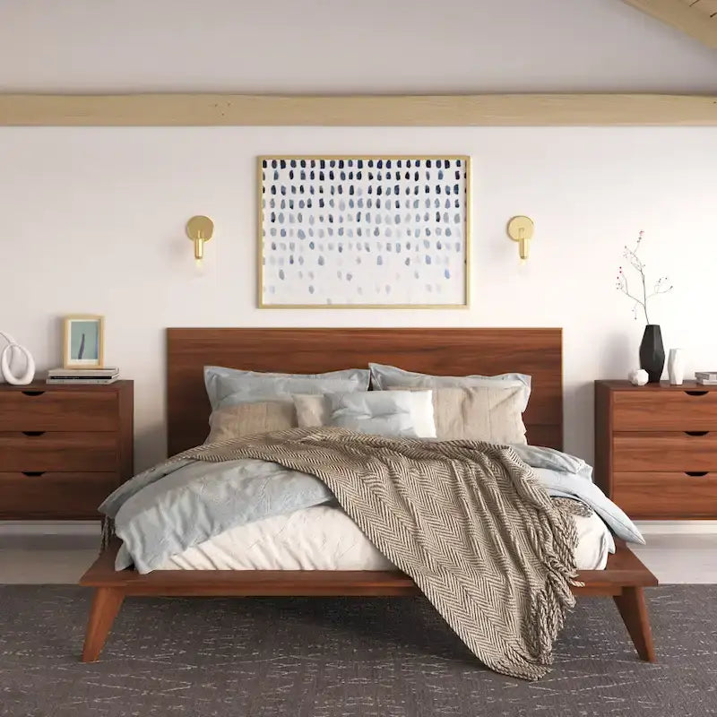 Naturale / Noce / Nero / Cuoio – Letto a piattaforma con testiera alta, King, 2 persone