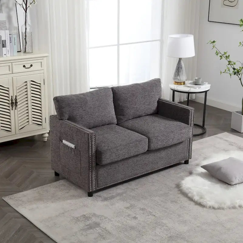 Divanetto 2 posti in ciniglia grigio/beige con tasche portaoggetti