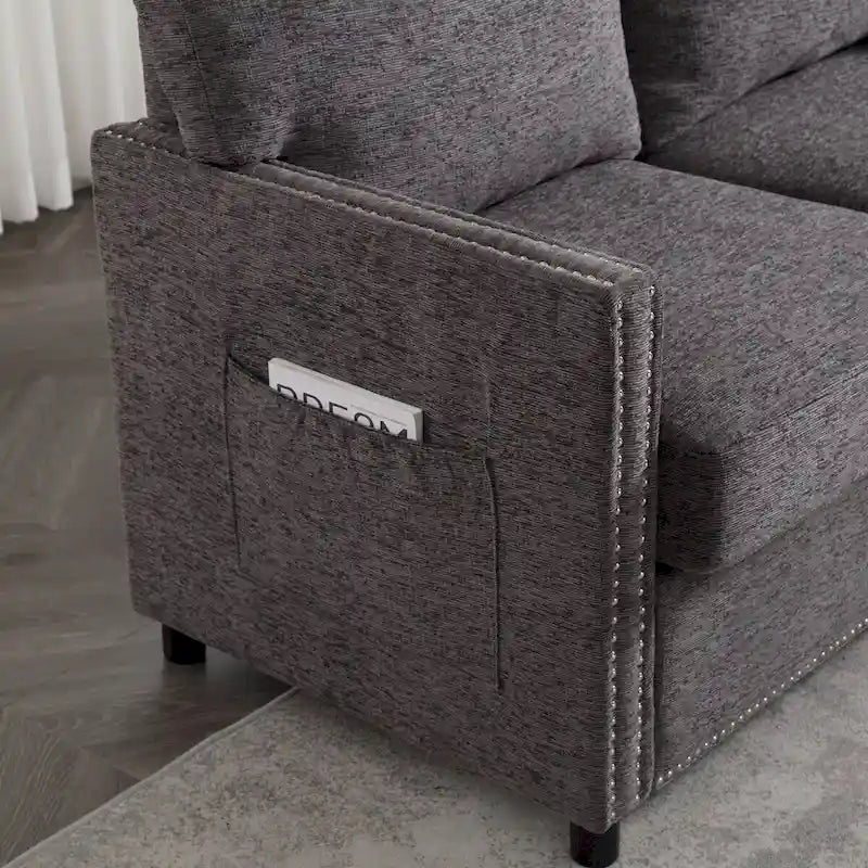Divanetto 2 posti in ciniglia grigio/beige con tasche portaoggetti