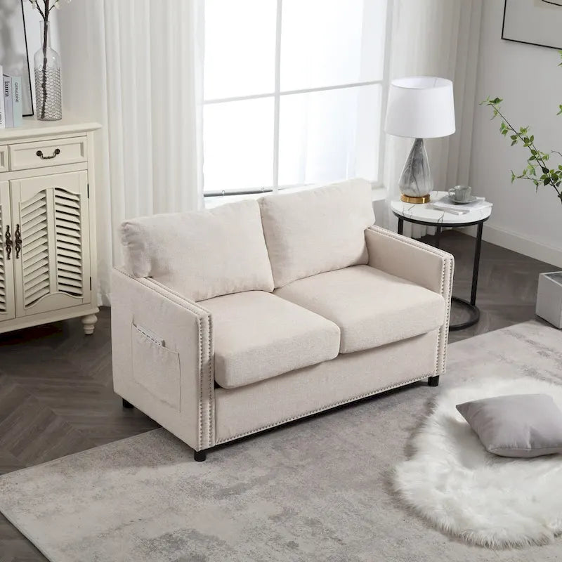 Divanetto 2 posti in ciniglia grigio/beige con tasche portaoggetti