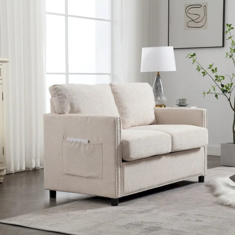 Divanetto 2 posti in ciniglia grigio/beige con tasche portaoggetti