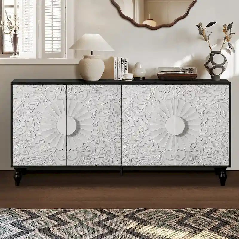 Mobile contenitore/porta TV intagliato bianco e nero, montaggio da 1 persona
