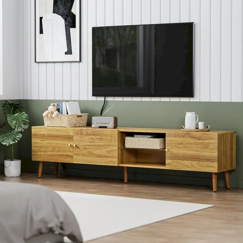 Mobile TV/consolle con 3 ante, quercia marrone, stile Mid-Century, adatto per 1 TV fino a 70"