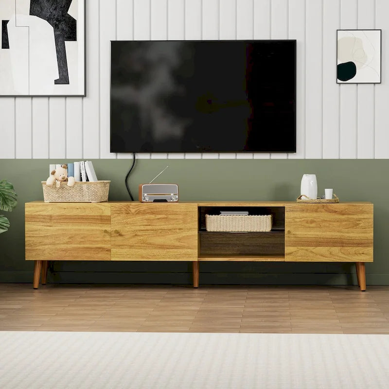 Mobile TV/consolle con 3 ante, quercia marrone, stile Mid-Century, adatto per 1 TV fino a 70"