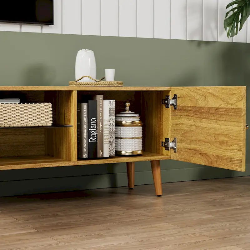 Mobile TV/consolle con 3 ante, quercia marrone, stile Mid-Century, adatto per 1 TV fino a 70"