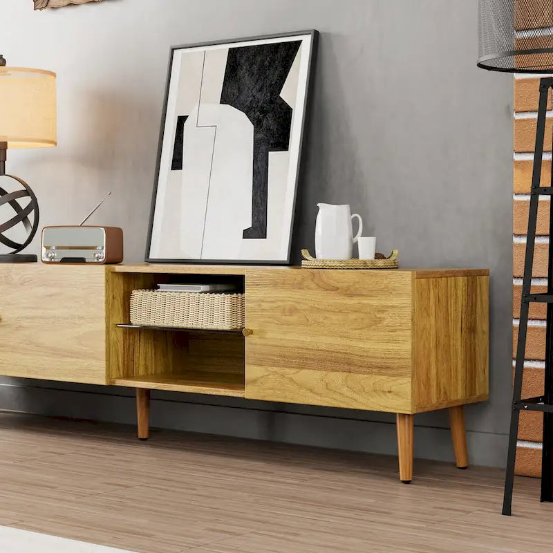 Mobile TV/consolle con 3 ante, quercia marrone, stile Mid-Century, adatto per 1 TV fino a 70"