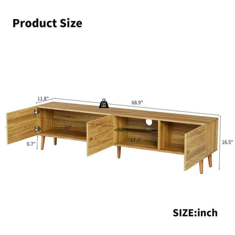 Mobile TV/consolle con 3 ante, quercia marrone, stile Mid-Century, adatto per 1 TV fino a 70"