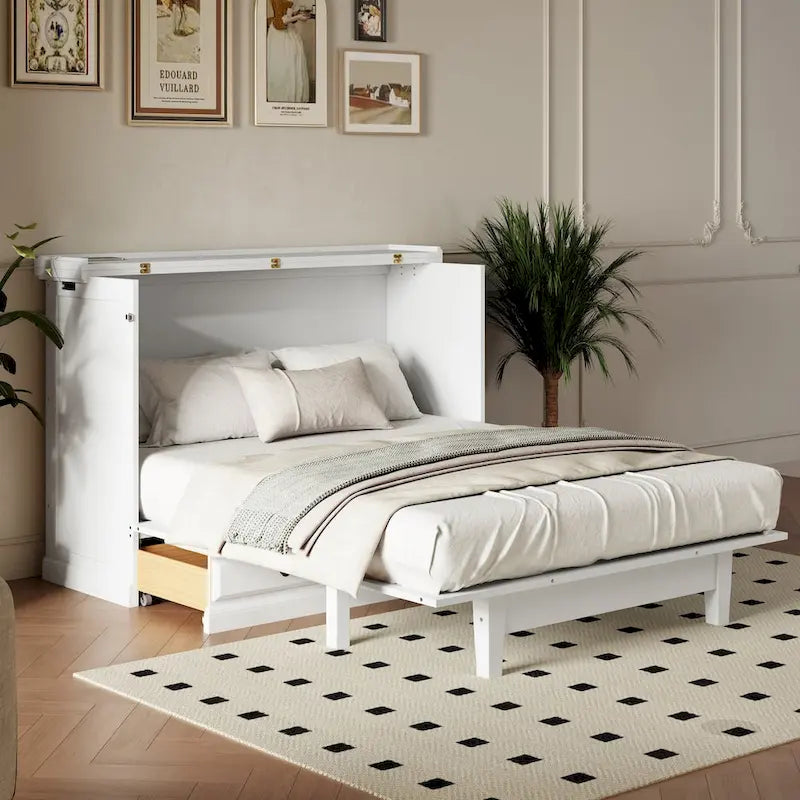 Letto a scomparsa Queen bianco/grigio con armadio e contenitore, 1 persona