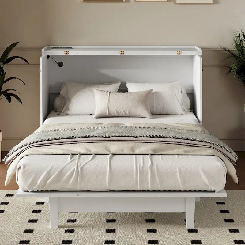 Letto a scomparsa Queen bianco/grigio con armadio e contenitore, 1 persona