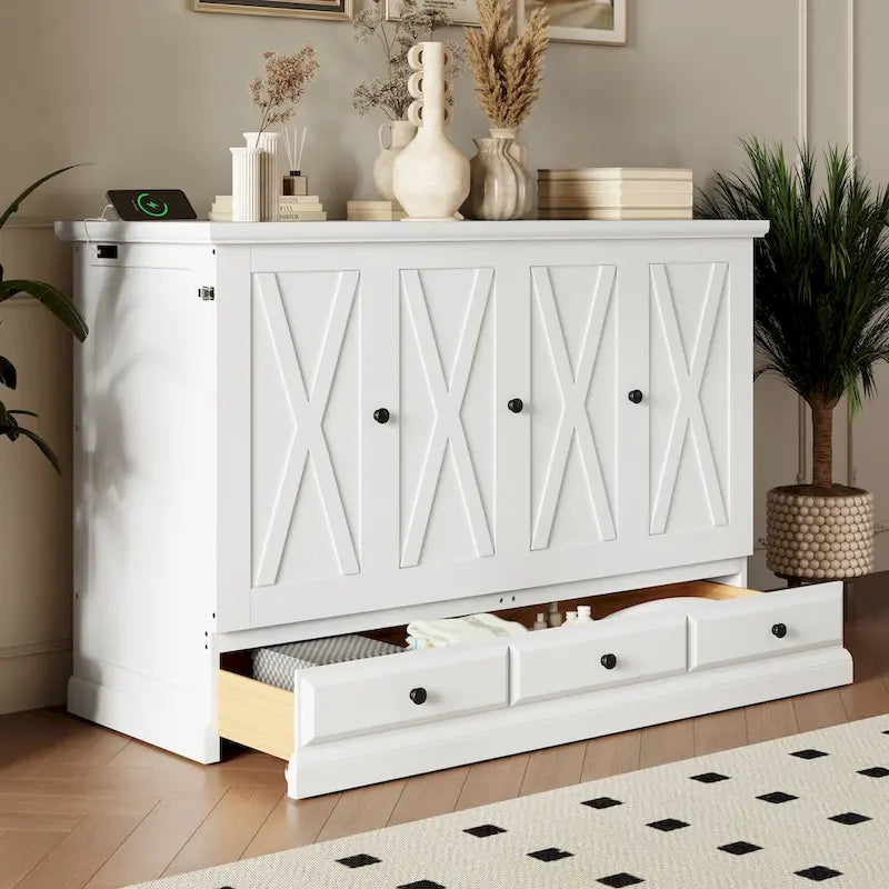 Letto a scomparsa Queen bianco/grigio con armadio e contenitore, 1 persona