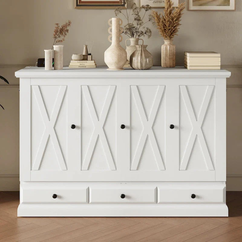 Letto a scomparsa Queen bianco/grigio con armadio e contenitore, 1 persona