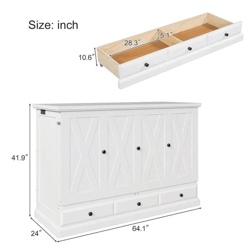 Letto a scomparsa Queen bianco/grigio con armadio e contenitore, 1 persona
