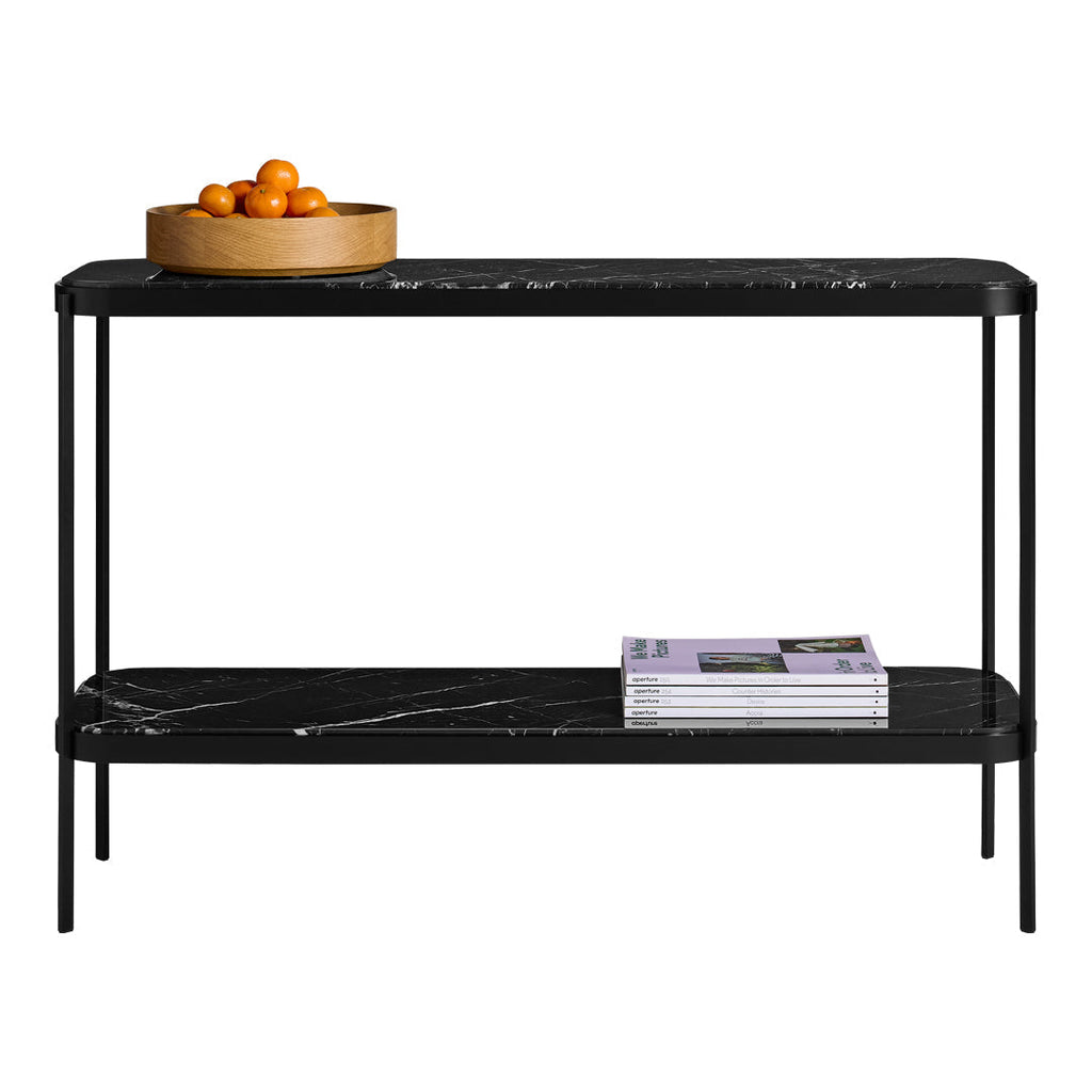Consolle in marmo nero minimalista e acciaio con venature in pietra naturale per ingresso