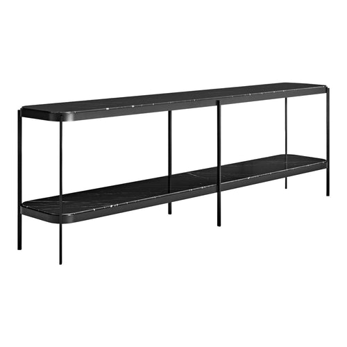 Consolle Lunga e Bassa in Marmo Nero e Acciaio in Stile Architettonico Minimalista con una Drammatica Presenza Lineare per il Soggiorno