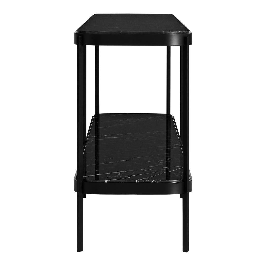 Consolle Lunga e Bassa in Marmo Nero e Acciaio in Stile Architettonico Minimalista con una Drammatica Presenza Lineare per il Soggiorno