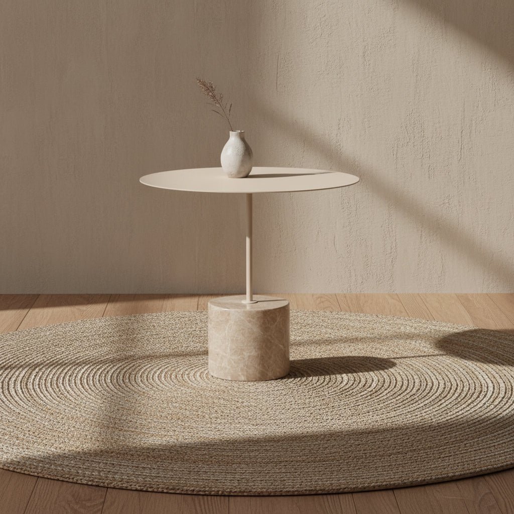 Tavolino Minimalista in Marmo Nero Marquina e Acciaio con Base Cilindrica Tensione Geometrica per Salotto