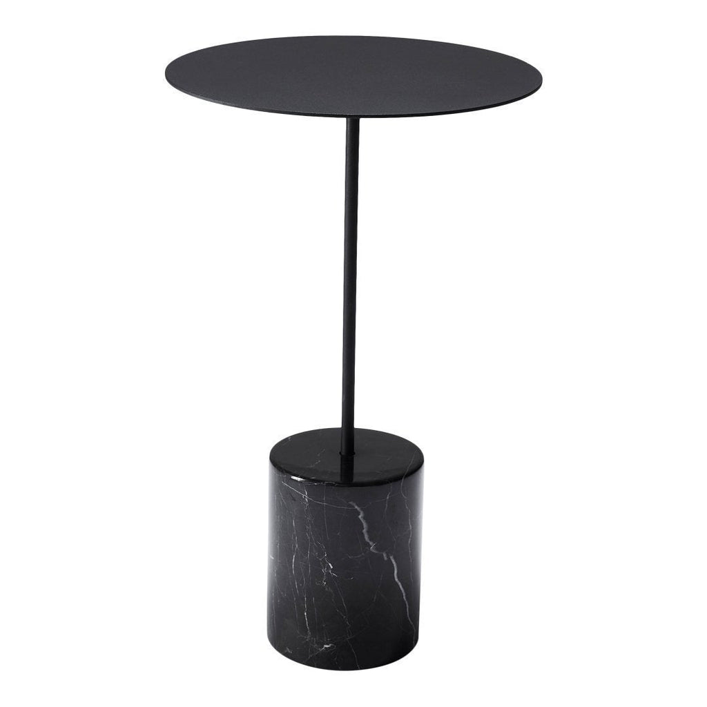 Tavolino Minimalista in Marmo Nero Marquina e Acciaio con Base Cilindrica Tensione Geometrica per Salotto