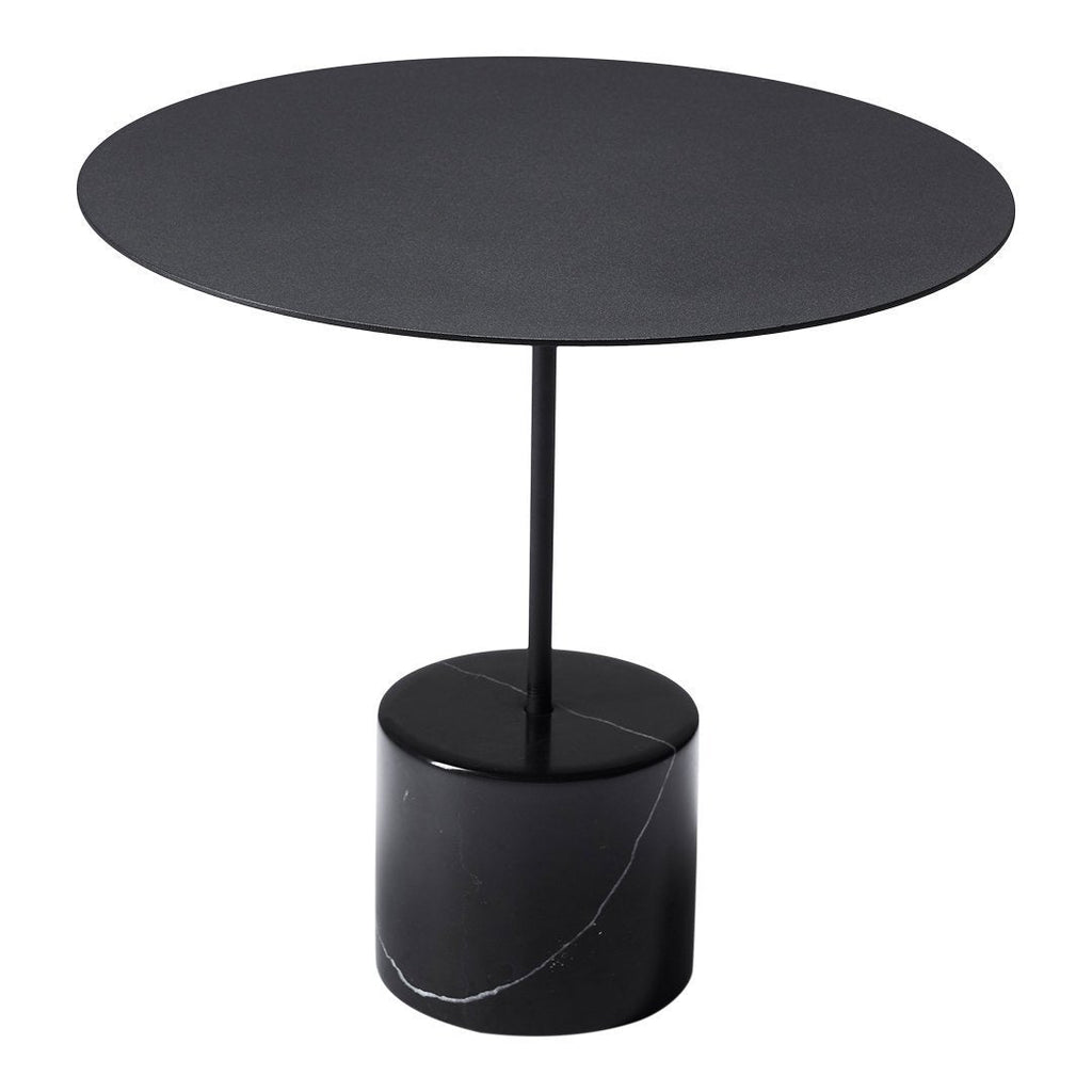Tavolino Minimalista in Marmo Nero Marquina e Acciaio con Base Cilindrica Tensione Geometrica per Salotto