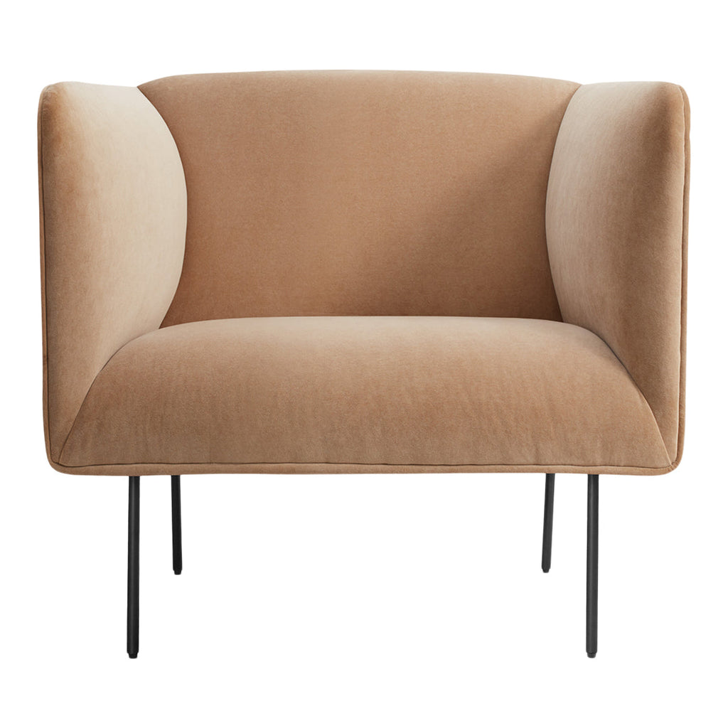 Poltrona lounge alta, moderna ed elegante, in velluto, con gambe in tubolare d'acciaio annerito per il soggiorno