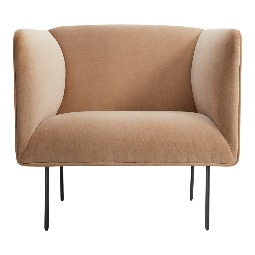 Poltrona lounge alta, moderna ed elegante, in velluto, con gambe in tubolare d'acciaio annerito per il soggiorno