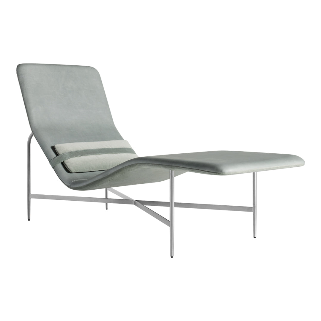 Chaise longue contemporanea industriale in pelle e acciaio con cuscino lombare scorrevole per soggiorno
