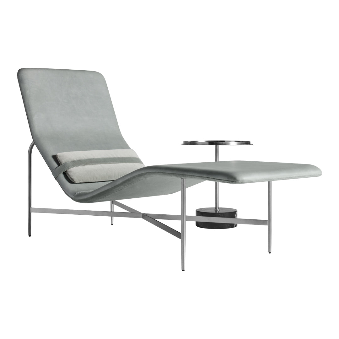 Chaise longue contemporanea industriale in pelle e acciaio con cuscino lombare scorrevole per soggiorno