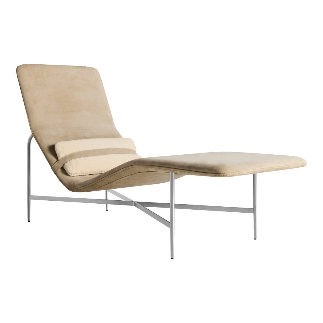 Chaise longue contemporanea industriale in pelle e acciaio con cuscino lombare scorrevole per soggiorno