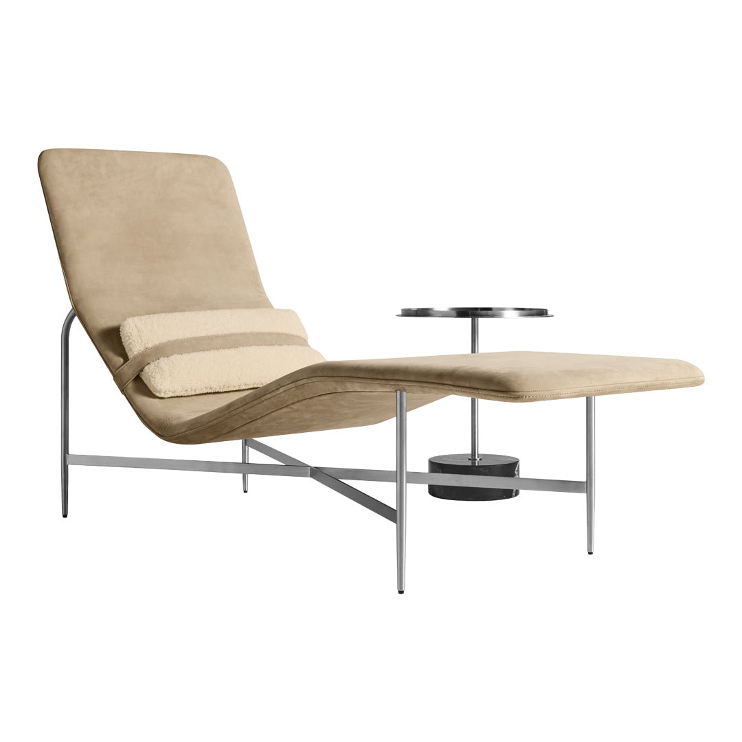 Chaise longue contemporanea industriale in pelle e acciaio con cuscino lombare scorrevole per soggiorno