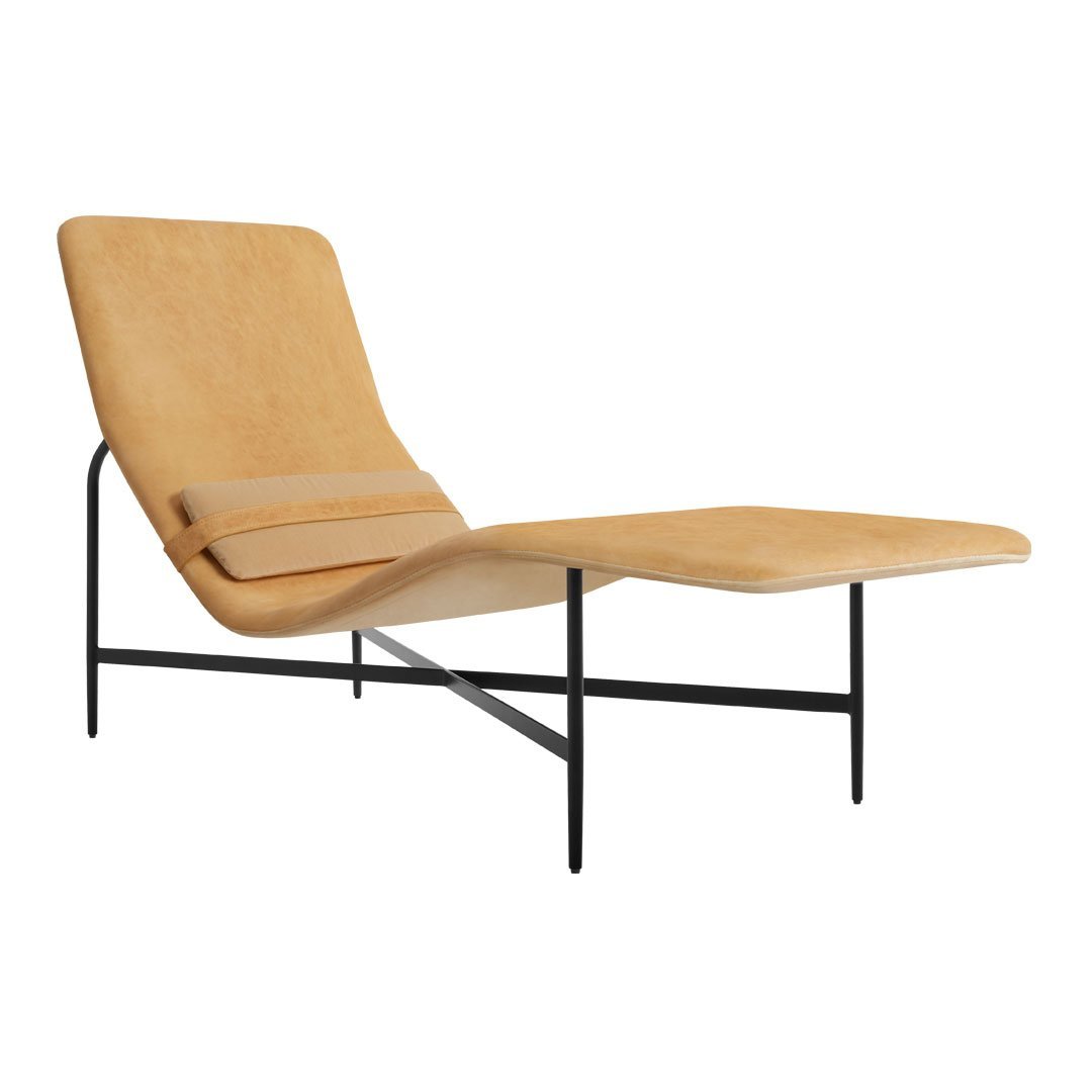 Chaise longue contemporanea industriale in pelle e acciaio con cuscino lombare scorrevole per soggiorno