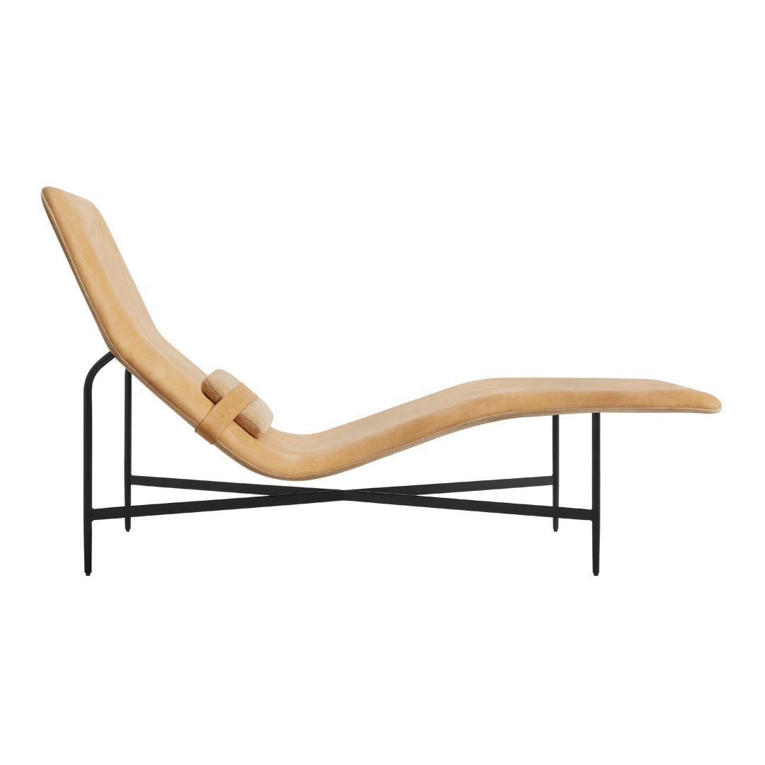 Chaise longue contemporanea industriale in pelle e acciaio con cuscino lombare scorrevole per soggiorno