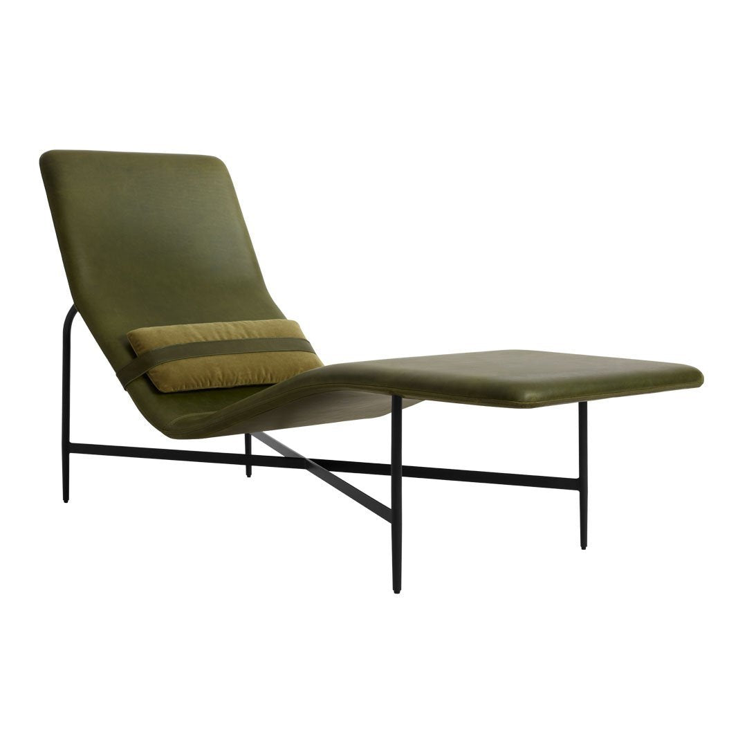 Chaise longue contemporanea industriale in pelle e acciaio con cuscino lombare scorrevole per soggiorno